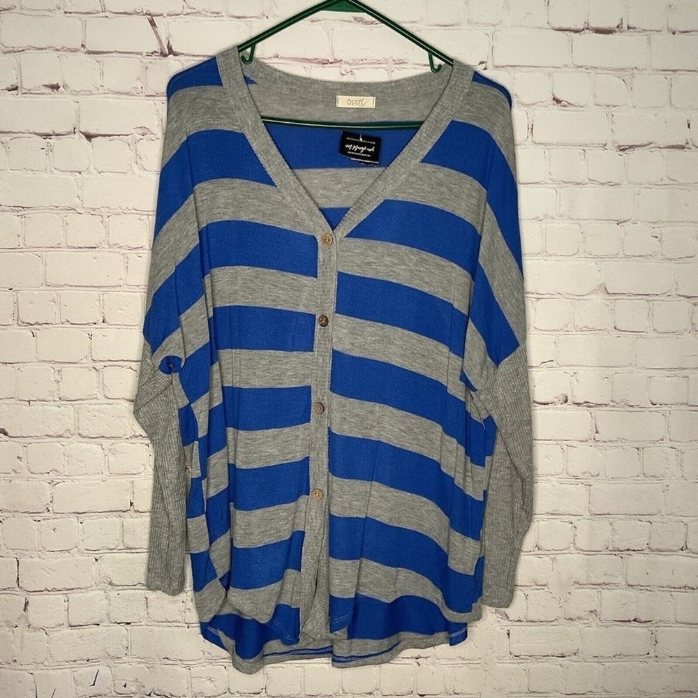 NWT ODDY Blue/Gray Striped Long‎ Sleeve Button Front Cardigan Women 1XL USA